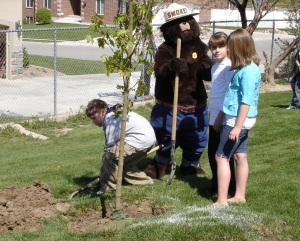 Smokey the Bear and children plant a tree