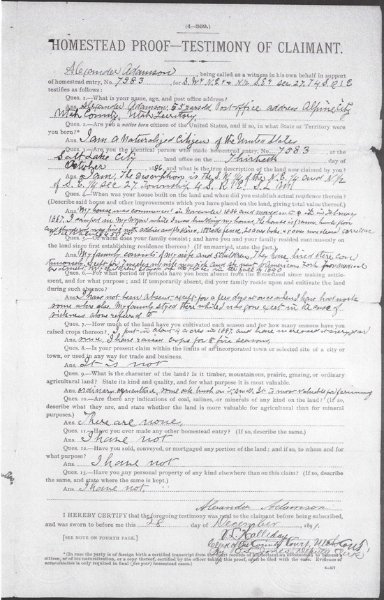 Alexander Adamson Homesteader Certificate