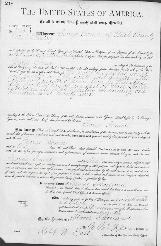 George Comer’s Homestead Document