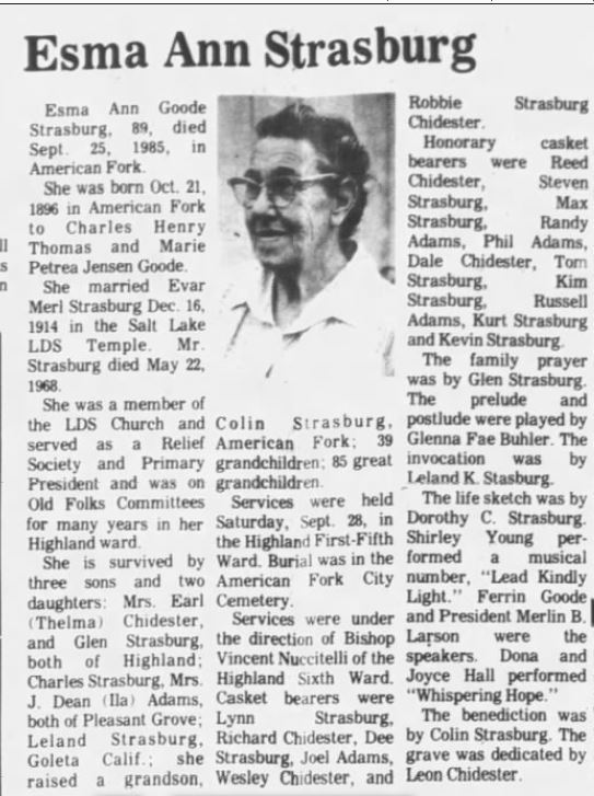 Esma Strasburg 1985 obituary