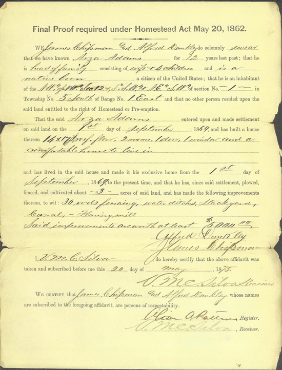Arza Adams Homesteader Certificate